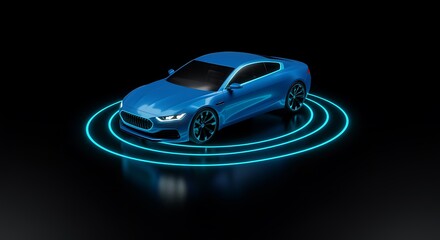 Futuristic blue car surrounded by glowing neon rings on black background