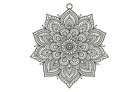 Elegant mandala decoration with intricate floral pattern in black and white, featuring a zen spiritual ornament design