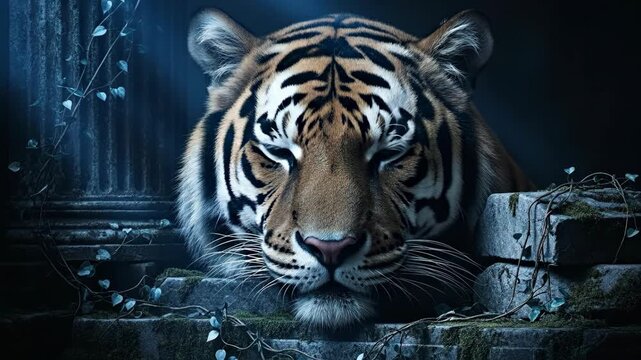 A majestic tiger gazes intensely from its resting place, showcasing its striking fur patterns and piercing eyes. The scene captures the beauty and power of this iconic feline.