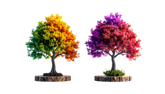 Mini decorative trees with soft tops on wooden blocks isolated on transparent background