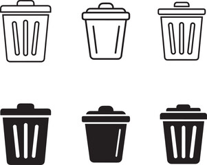 Collection of six different trash can icons in outline and solid black styles