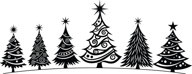 Christmas tree silhouette vector illustration, festive holiday artwork, seasonal decoration design, whimsical winter celebration graphic, star ornament pattern, cad drawing flat vector illustration