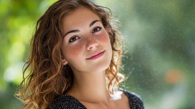 Young Woman with Freckles and Curly Hair Smiling Softly in Natural Light with a Blurry Green Background Emphasizing Beauty and Serenity in a Close-up Portrait