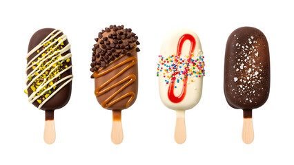 Assortment of cold summer popsicles isolated on transparent background. Colorful popsicle isolated on white, chocolate popsicle bar isolated on white, png chocolate bar popsicle