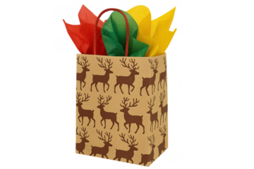 Festive gift bag with reindeer pattern and colorful tissue paper, representing holiday presents and seasonal celebration