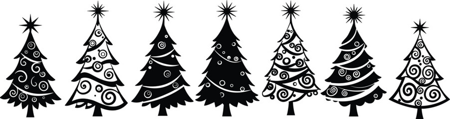 Christmas tree silhouette vector illustration, festive holiday artwork, seasonal decoration design, whimsical winter celebration graphic, star ornament pattern, cad drawing flat vector illustration