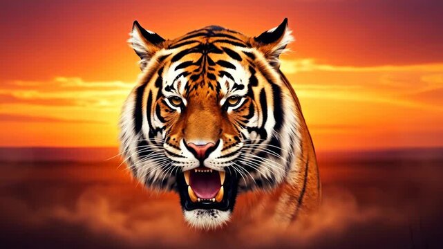 A majestic tiger roaring against a vibrant sunset, showcasing its powerful presence