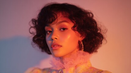 Fototapeta premium Stunning Portrait of a Young Woman with Curly Hair Against a Soft Gradient Background Highlighting Beauty and Fashion Trends in Modern Photography