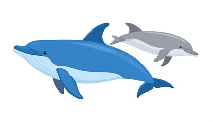 Fototapeta premium A cartoon depiction of two playful dolphins, one blue and one gray, isolated against a white background