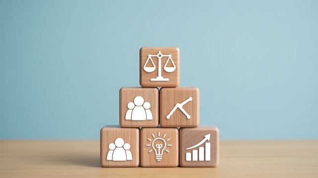 Wooden cube pyramid with icons representing the core principles of business ethics, law, teamwork, and development - Powered by Adobe