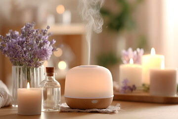 Aromatherapy diffuser emitting steam on wooden table with candles  