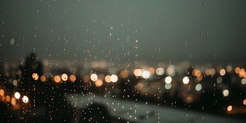 Rain droplets on window with city lights in the background, layout with copy space 