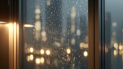 Rainy city skyline viewed through glass window at night  