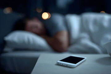 Man sleeping in bed with smartphone on nightstand at night  
