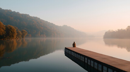 Man sitting alone on dock by serene lake at sunrise  