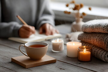 Cozy scene with woman writing in notebook next to cup and candles  