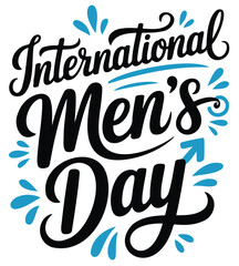 International Men's Day handwritten calligraphy with blue water splashes and a male symbol.