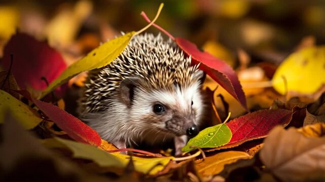 Tiny hedgehog nestled in autumn leaves, twitching its nose so sweetly