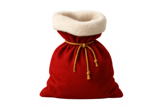 Santa claus red velvet sack bringing christmas gifts for holidays and celebration transparent background