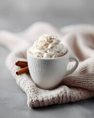 Cup of whipped cream topped hot chocolate with cinnamon sticks on blanket  