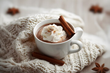 Hot chocolate with whipped cream and cinnamon on a cozy blanket  
