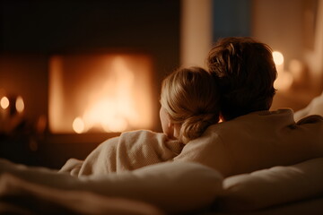 Couple cuddling under blanket by warm fireplace at home  