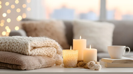 Cozy living room with candles, blankets, and a cup on table  