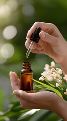 Woman using dropper to dispense essential oil from amber bottle  