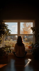 Young woman sitting on floor and looking out window with autumn view  