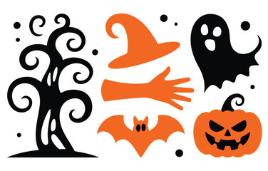 A collection of Halloween silhouettes including a spooky tree, ghost, witch hat, bat, and jack-o'-lantern on a white background.