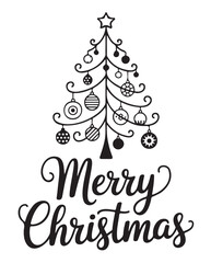 A stylized black and white illustration of a Christmas tree adorned with ornaments, with the words "Merry Christmas" written below in elegant script.