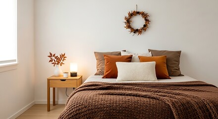 Cozy autumn bedroom with brown blanket and pillows creating a warm and inviting atmosphere