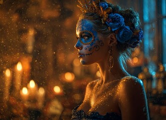 Stunning woman with sugar skull makeup standing boldly against a vibrant backdrop, a modern take on Dia de los Muertos beauty, perfect for fashion, beauty or cultural projects