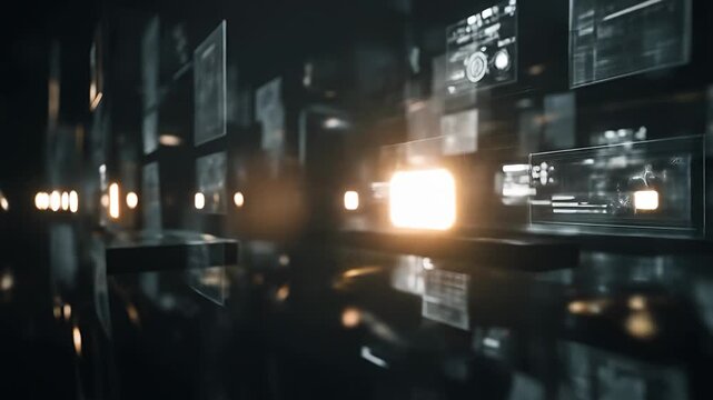 Futuristic dark server room showing holographic data screens and digital analysis - Powered by Adobe