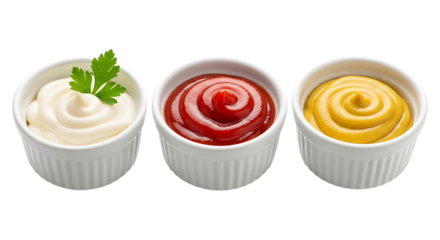 Three ramekins filled with condiments ketchup mayonnaise and mustard isolated on transparent background