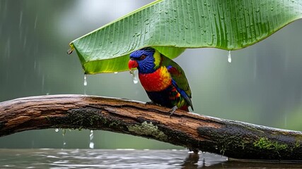 Vibrant blue, red, yellow bird on wet branch, rain drops, cool ambiance