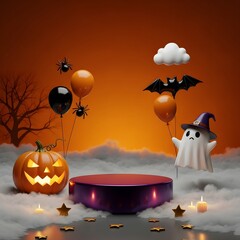 Cute and spooky 3D Halloween scene featuring a product display podium with a jack-o-lantern, ghost, balloons, and candles