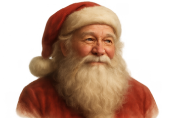 Santa claus smiling portrait looking into distance on transparent background, symbolizing christmas spirit and holiday traditions
