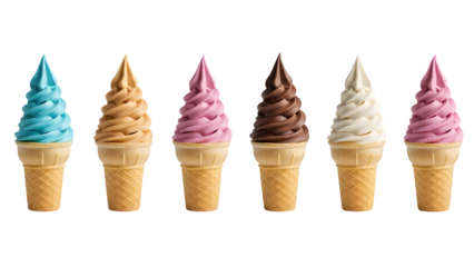 Ice cream scoop on waffle cone on transparent background cutout, PNG file. Many assorted different flavour Mockup template for artwork design., Set of Ice cream cones with different flavors, isolated 