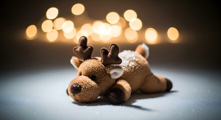 A cute plush reindeer toy lies on a snowy surface with festive bokeh lights in the background.