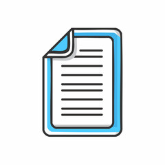 Flat design icon of a stylized document with text lines, representing digital files, information, and data management for business, office, and web user interfaces