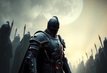 Fototapeta premium A lone black knight, armor dented, encircled by shadowy figures, might, weapon