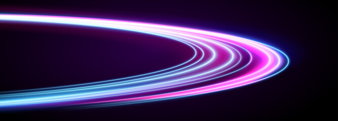Vector dark blue abstract background with ultraviolet neon glow, blurry light lines, waves. High speed effect motion blur night lights blue and red. Magic shining neon light line trails.