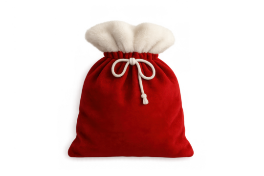 Santa claus red velvet sack filled with christmas gifts, holiday presents, and festive surprise, transparent background