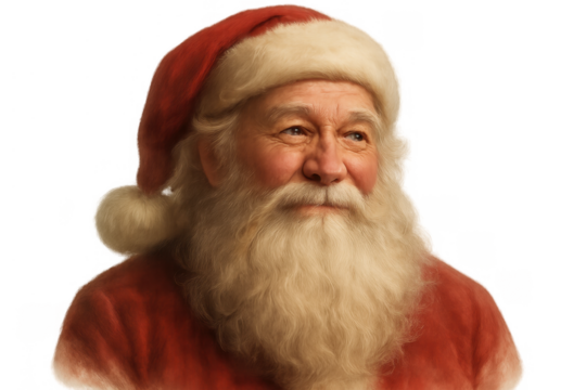 Santa claus smiling portrait looking into distance on transparent background, symbolizing christmas spirit and holiday traditions - Powered by Adobe