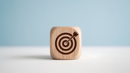 Close-up of a wooden block with a target icon. Symbolic representation of goals, objectives, strategy, and business success