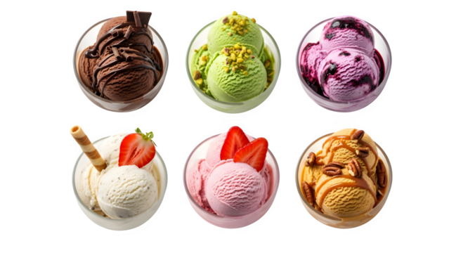 set of ice cream scoop isolated on white, Ice cream sundae in a glass bowl, with scoops of ice cream, isolated on transparent background, ice cream in glass bowl