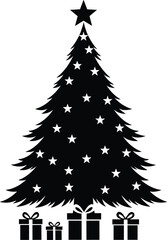 Christmas tree silhouette vector illustration, festive holiday artwork, seasonal decoration design, winter celebration graphic, gift box ornament, cad drawing flat vector illustration