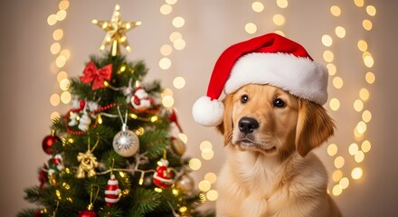 An adorable golden retriever puppy wearing a red Santa hat sits next to a small, decorated Christmas tree with festive lights in the background.