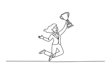 Cartoon of businesswoman jumps in the air with trophy cup in the hand getting recognition. one line Icon drawing with white background